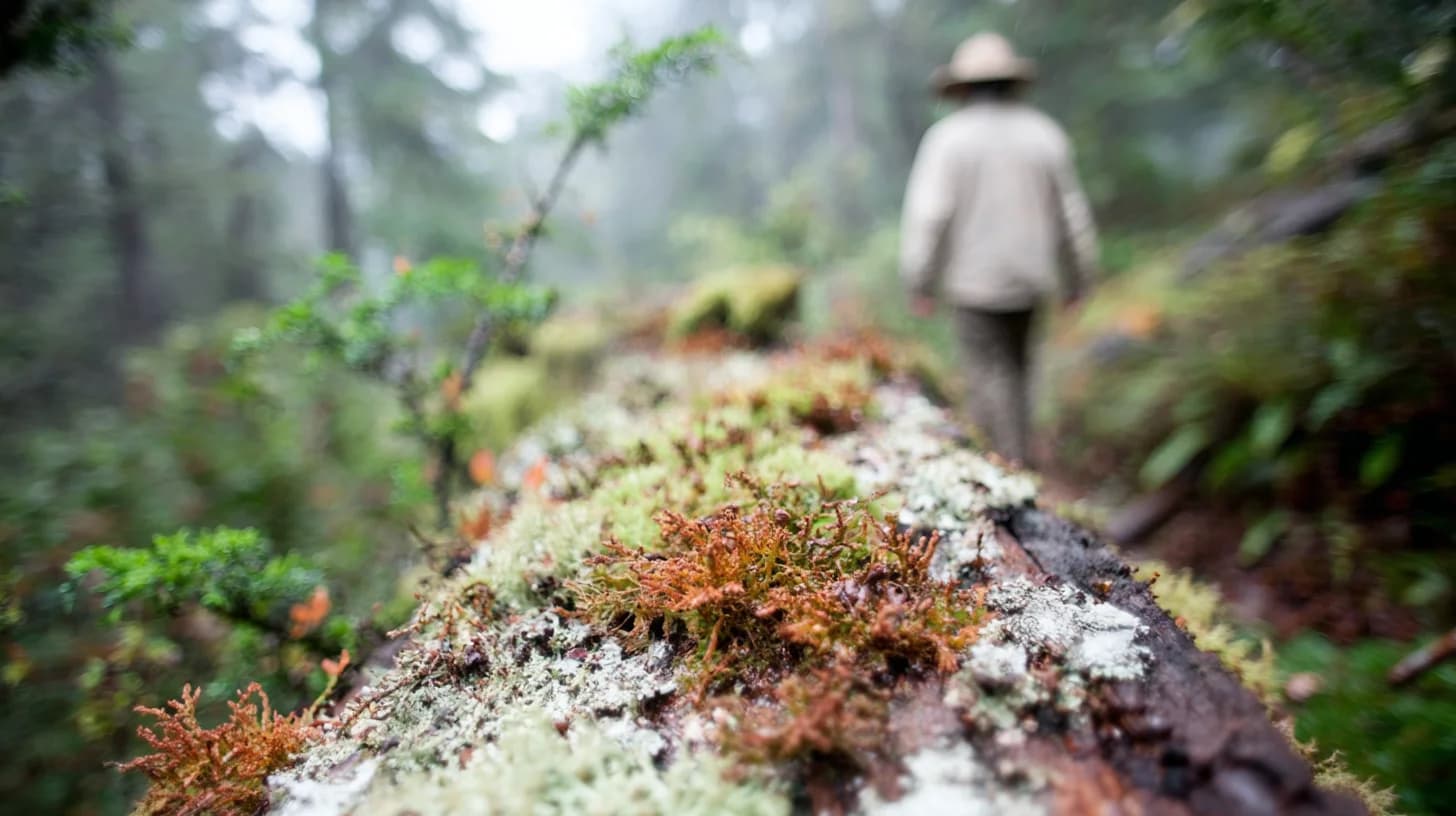 Community member walking along a mossy ridge